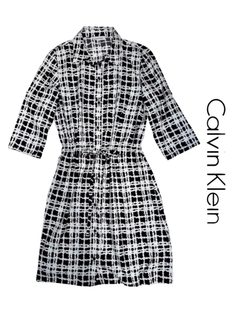 Calvin Klein Shirt Dress, Black/White Geo Print Drawstring Belt•Waist, Sz 10 NWT